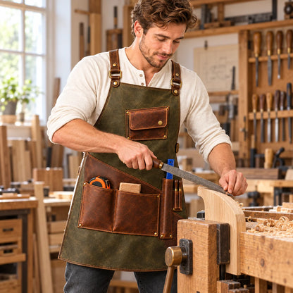Male woodworker wearing an olive green leather apron while shaping a curved wooden piece with a rasp at a workshop bench.