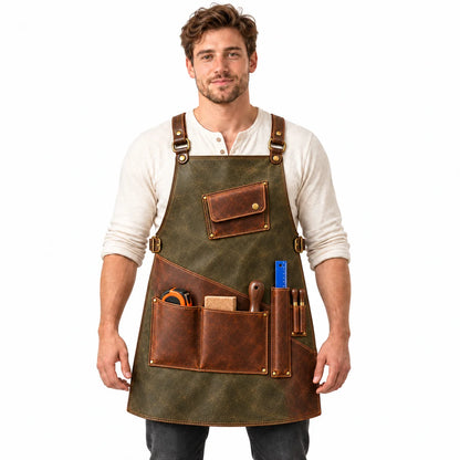 Front-facing male model wearing the Field Joiner cowhide apron with sage olive body and brown leather tool pockets on white.