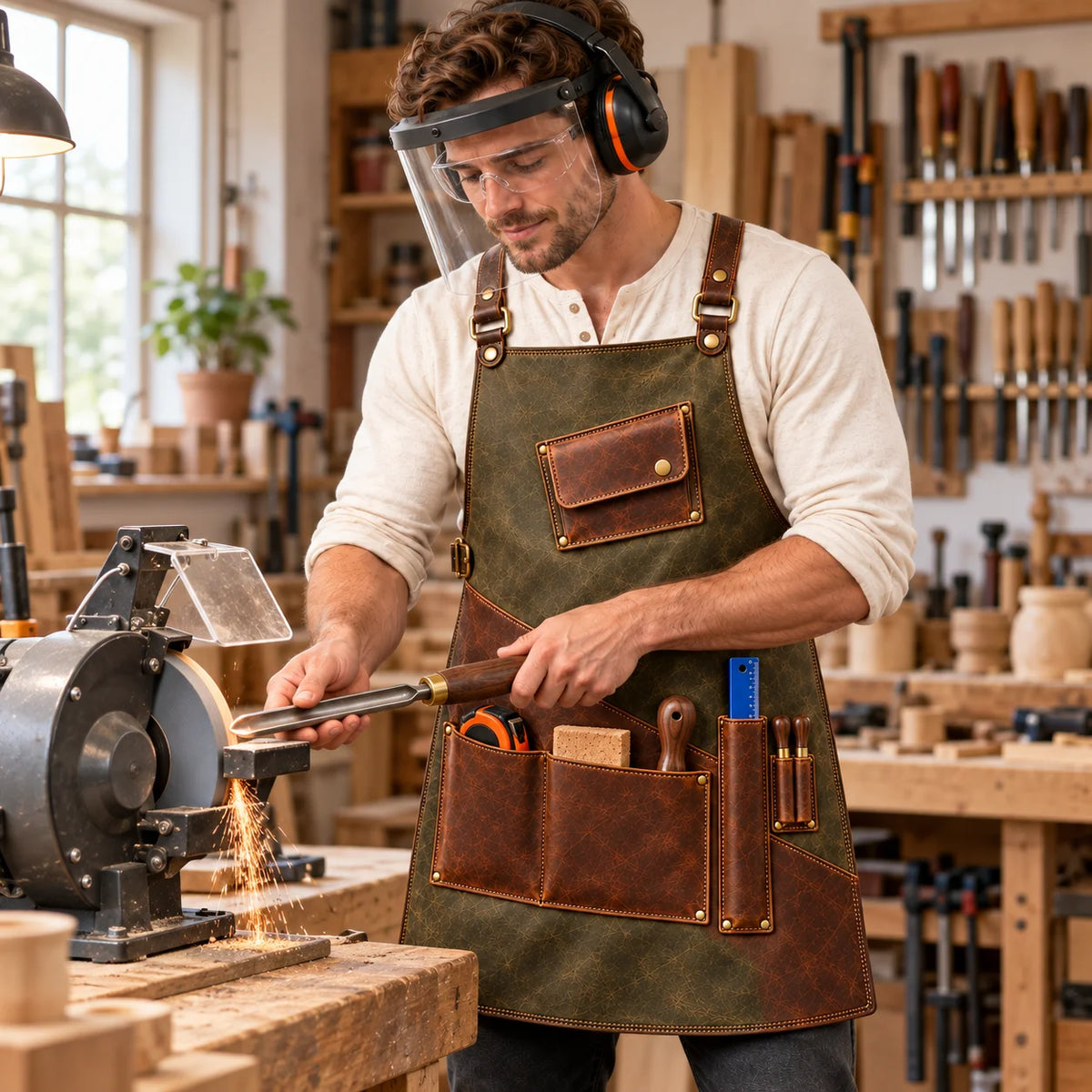 Woodworker in sage olive leather apron wearing a face shield and hearing protection while operating a workshop bench grinder.