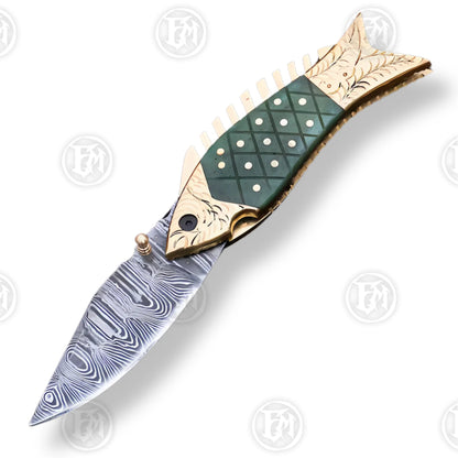 Premium Fish-Shaped Damascus Folding Knife Set with Walnut Stand