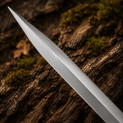 Close-up of the polished stainless steel blade and pointed tip of the Gladiator Maximus decorative Roman sword collectible