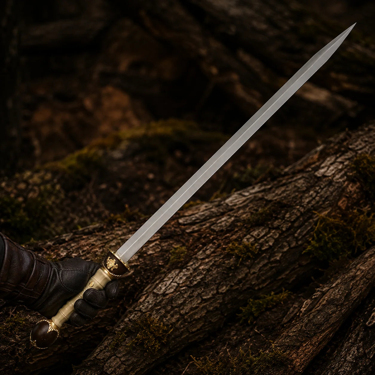 Gloved hand holding the Gladiator Maximus decorative sword with long silver blade, faux ivory handle and gold-accented pommel