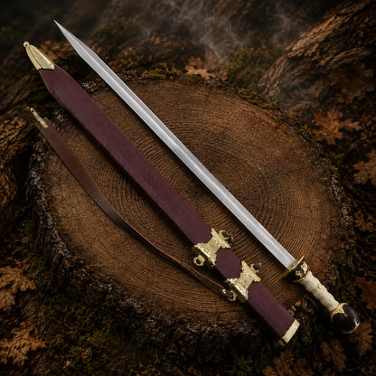 Gladiator Maximus gold finish sword and burgundy scabbard displayed on a tree stump with decorative gold hardware and carrying straps