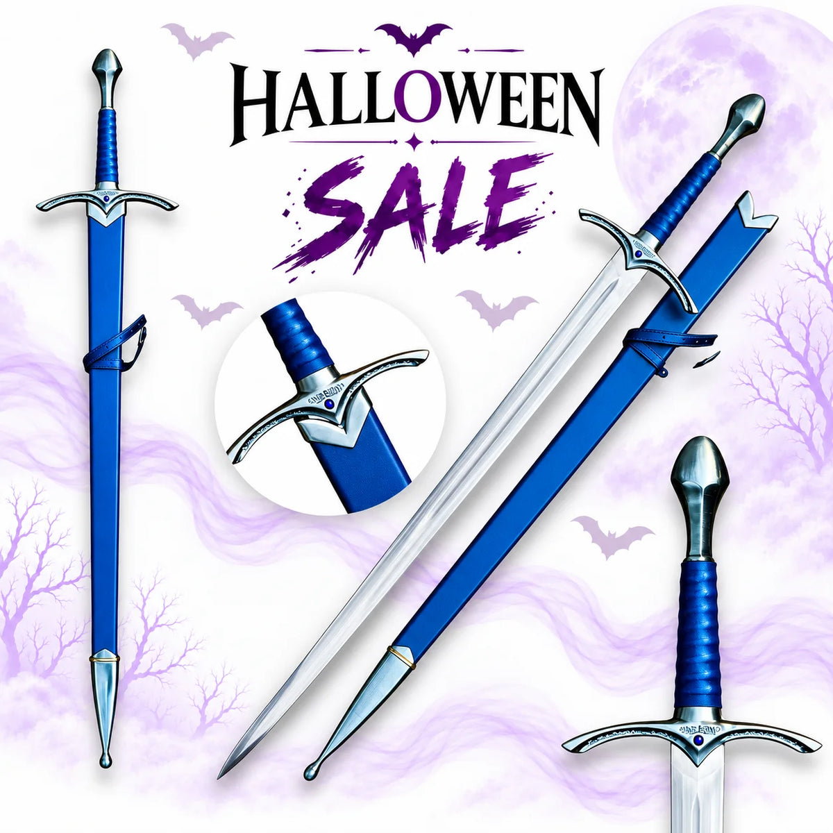 Gandalf Glamdring sword replica from Lord of the Rings with blue wrapped grip, silver Elven crossguard, polished blade and matching blue scabbard in Halloween sale.