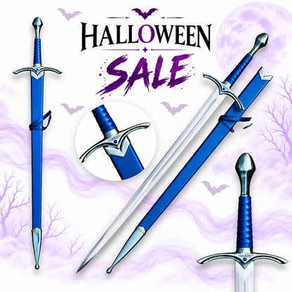 Gandalf Glamdring sword replica from Lord of the Rings with blue wrapped grip, silver Elven crossguard, polished blade and matching blue scabbard in Halloween sale.