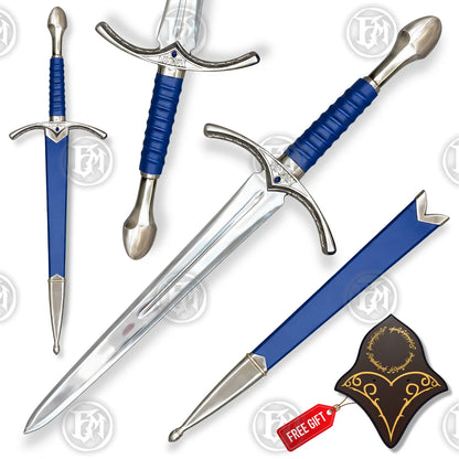 Glamdring Sword of Gandalf replica with polished blade, blue grip, matching scabbard and decorative fantasy plaque