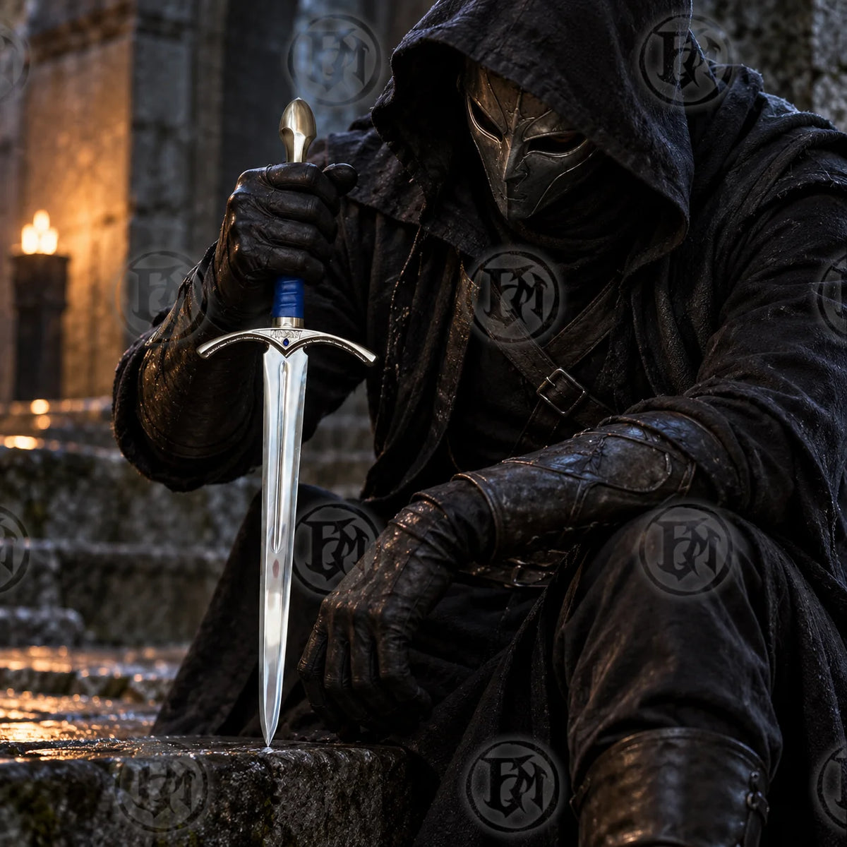 Hooded collector holding the Glamdring Gandalf sword replica in a dark stone fantasy setting
