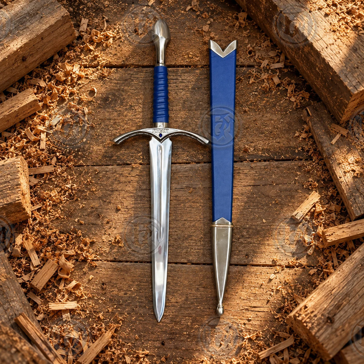Glamdring sword and matching blue scabbard displayed vertically on rustic wooden boards