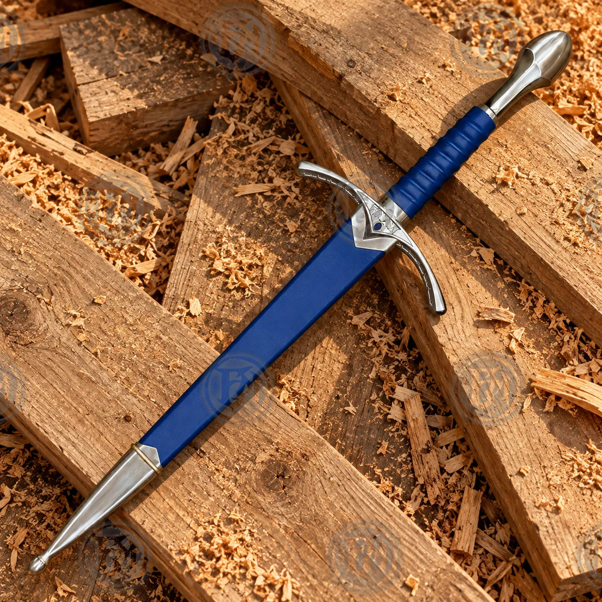 Glamdring Gandalf sword fully sheathed in blue scabbard with curved silver guard and blue grip visible