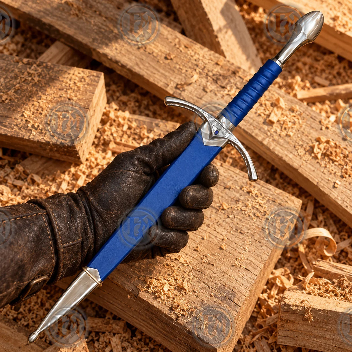 Gloved hand holding the blue scabbard of the Glamdring Gandalf sword replica above rustic timber