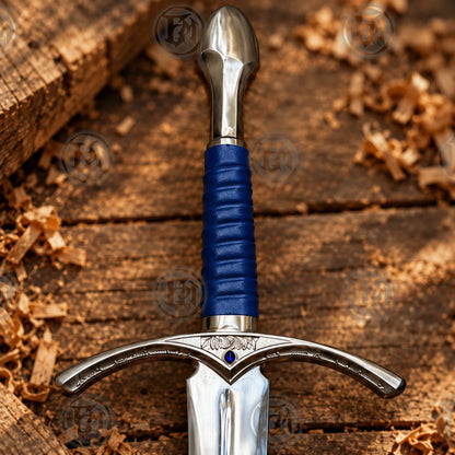 Close-up of Glamdring sword hilt showing blue wrapped grip, curved silver guard and blue jewel-style accent