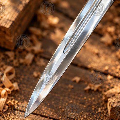 Close-up of polished Glamdring fantasy sword blade showing the long central fuller and pointed blade profile