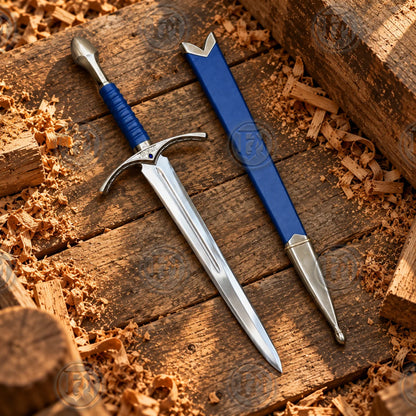 Glamdring Sword of Gandalf replica and blue scabbard displayed diagonally across rustic wooden boards