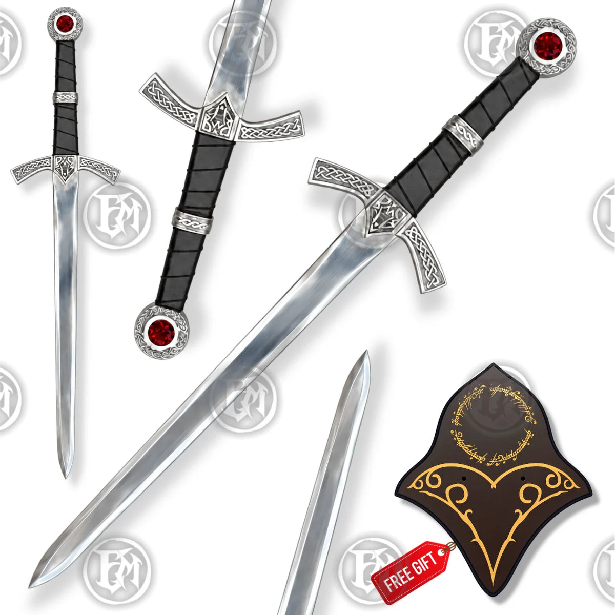 Goldryn Sword Replica with silver Celtic hilt, black grip, red ruby pommel and decorative wall plaque on white