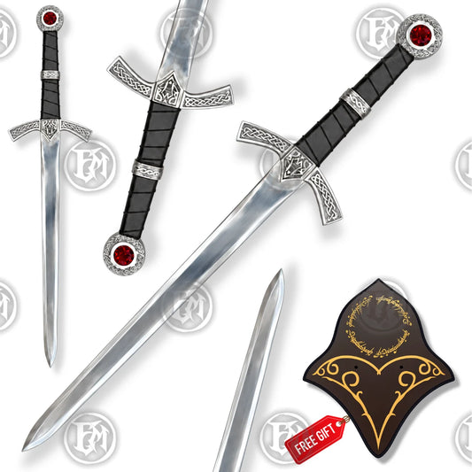 Goldryn Sword Replica with silver Celtic hilt, black grip, red ruby pommel and decorative wall plaque on white