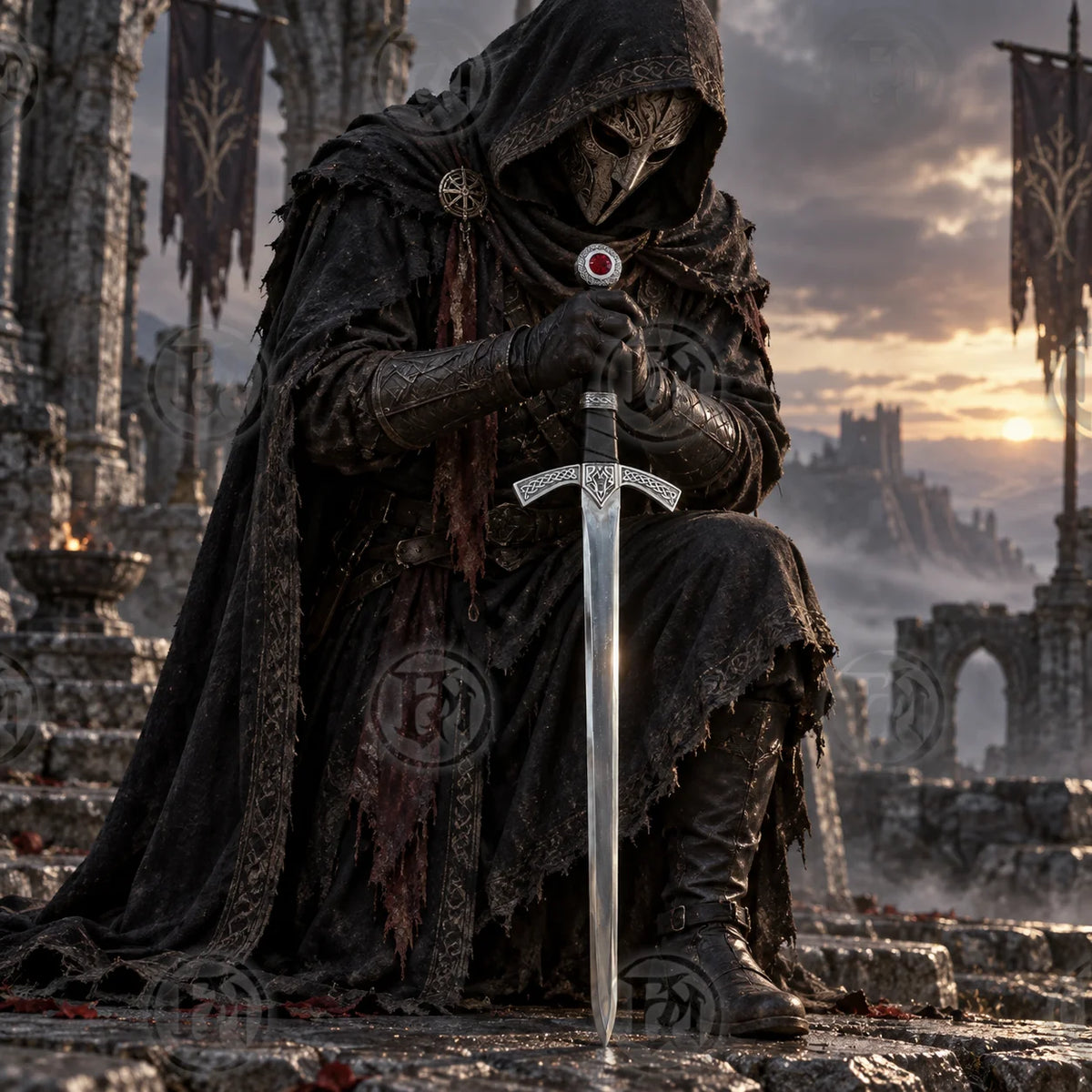 Hooded fantasy collector holding the Goldryn Sword Replica with red ruby pommel in a ruined castle setting