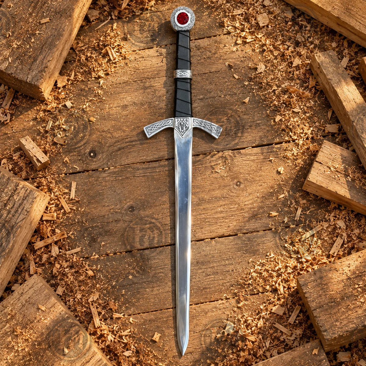 Full Goldryn fantasy sword displayed vertically on rustic wooden boards with Celtic guard and red jewel pommel