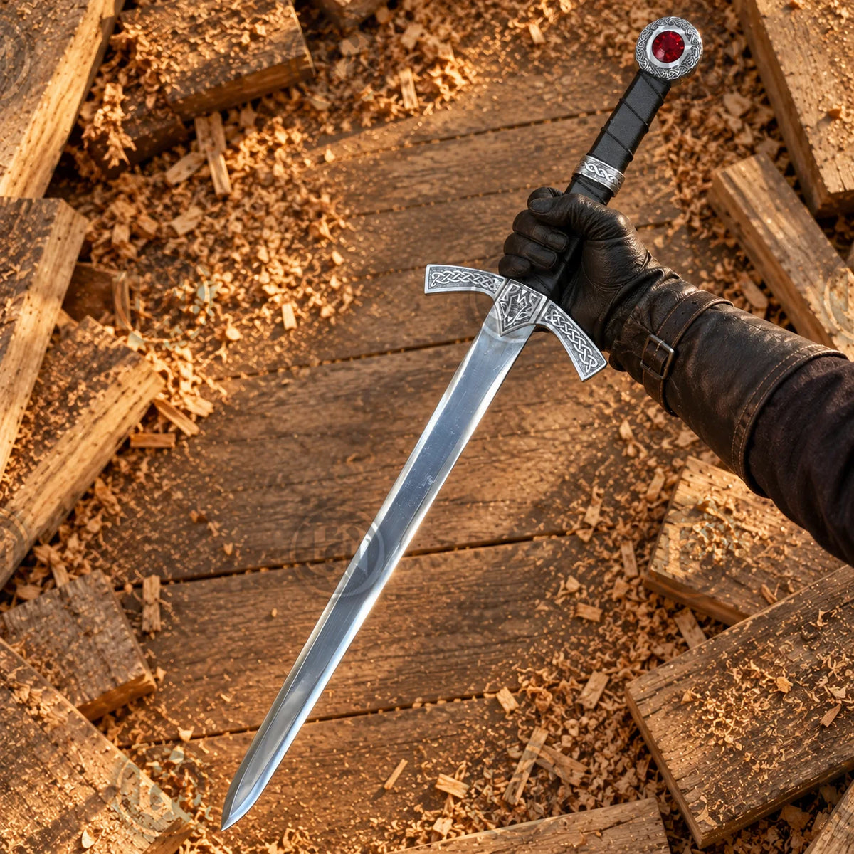 Gloved hand holding Aelin-inspired Goldryn Sword Replica showing silver blade and ornate Celtic-style crossguard