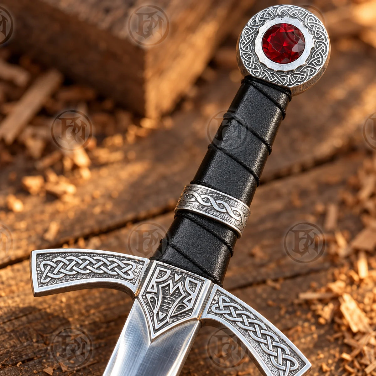 Close-up of Goldryn sword hilt with black wrapped grip, Celtic knot guard and large red ruby-style pommel