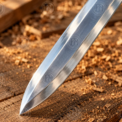 Close-up of Goldryn stainless steel blade showing polished silver surface and tapered fantasy sword point