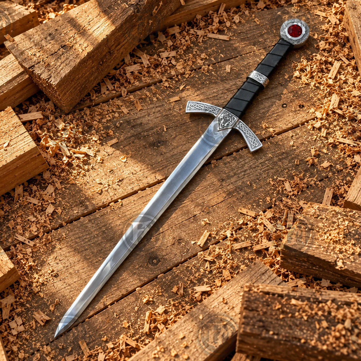 Goldryn Sword Replica displayed diagonally on rustic timber showing long blade, black grip and red jewel pommel