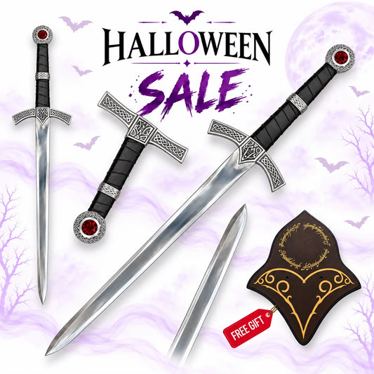 Goldryn sword replica from Throne of Glass with silver blade, red gemstone pommel, ornate crossguard and decorative display plaque in Halloween sale.