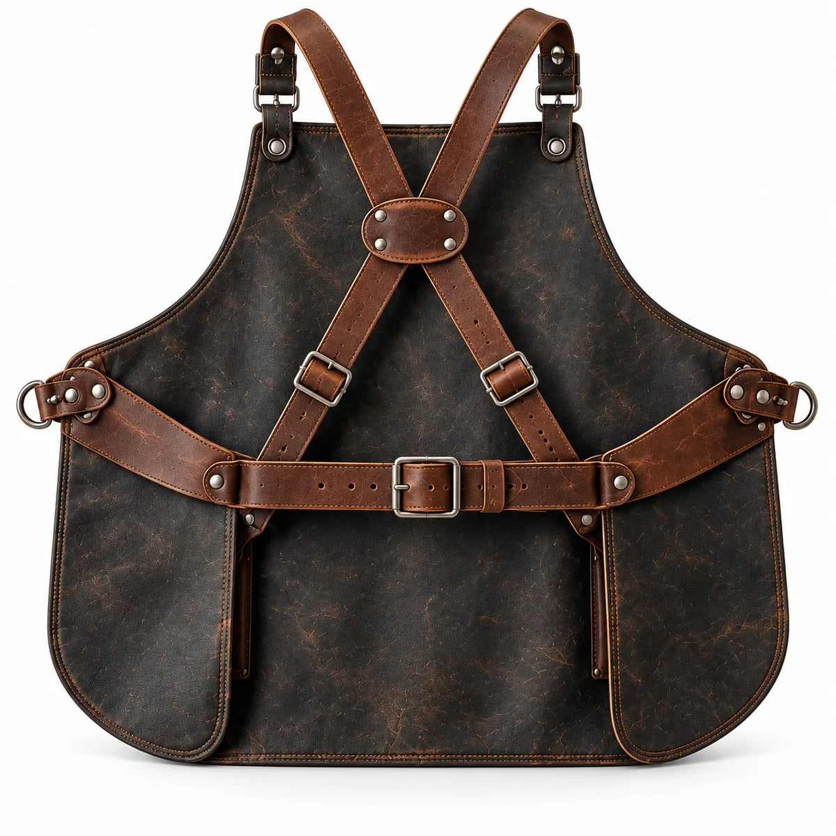 Rear view of charcoal cowhide leather workshop apron showing brown cross-back shoulder straps, adjustable buckles and waist belt.