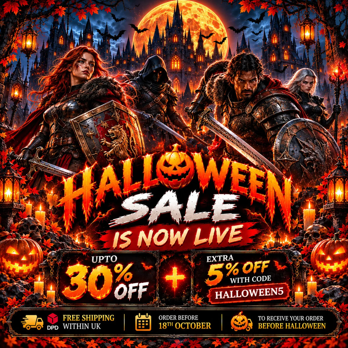 Europe Mark Halloween Sale with sword and shield warriors, 30% off plus extra 5% using HALLOWEEN5 and DPD UK delivery before Halloween