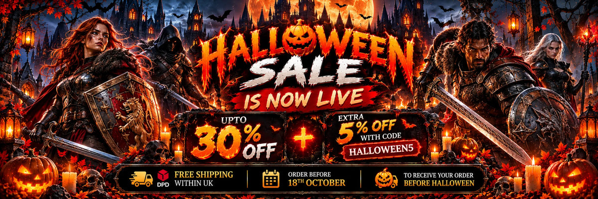 Europe Mark Halloween Sale banner with fantasy sword warriors, 30% off plus extra 5% with code HALLOWEEN5, DPD UK shipping and Halloween delivery