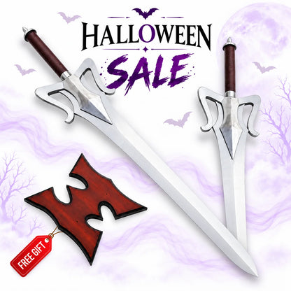 He-Man 1987 Movie Power Sword replica with polished silver blade, sculpted silver crossguard, brown handle and free wooden display plaque in Europe Mark's Halloween sale.