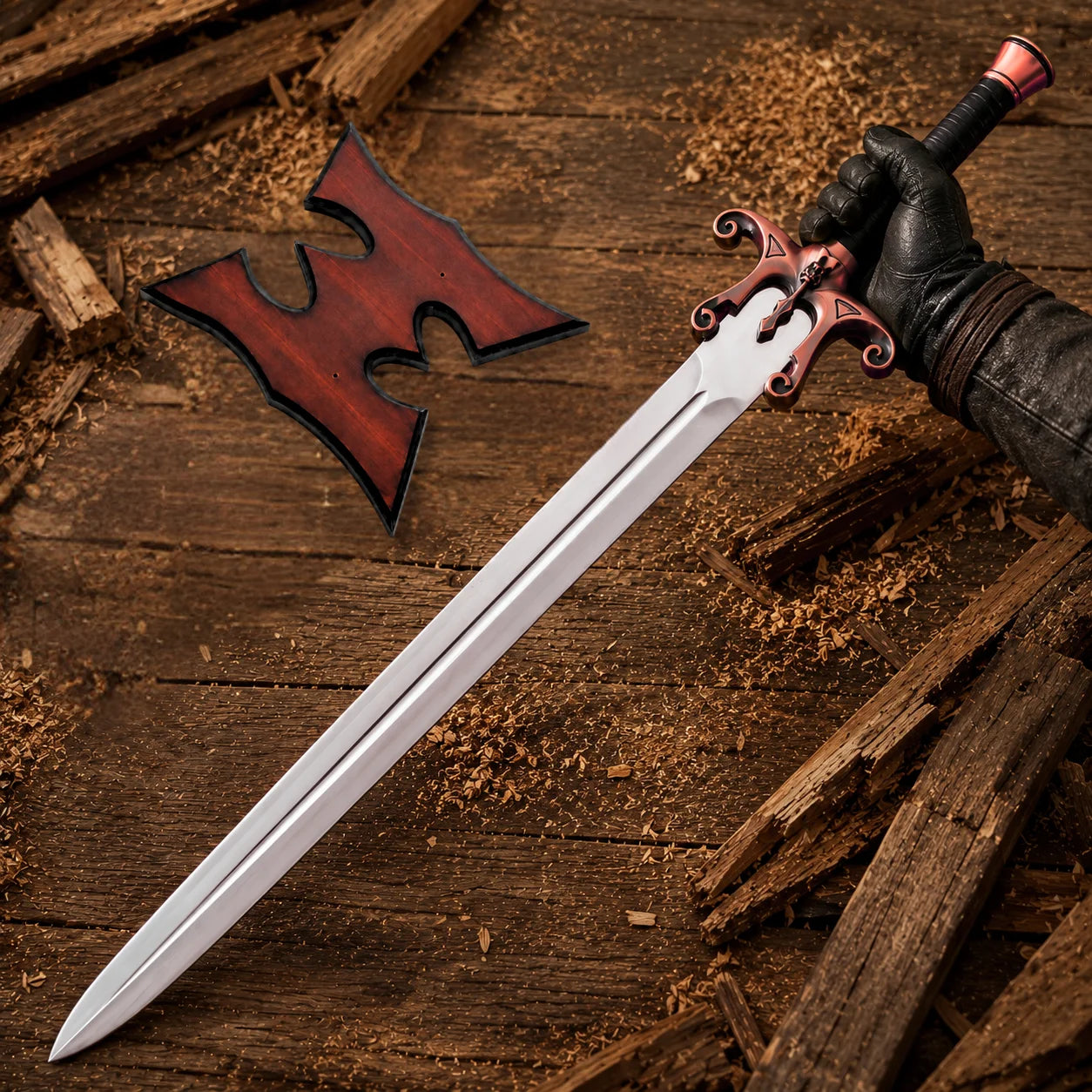 Gloved collector holding He-Man 1987 brass Power Sword showing polished blade, ornate skull guard and black leather grip
