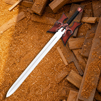 Full He-Man Brass Skull Guard Power Sword displayed diagonally with red wooden wall plaque in rustic workshop setting