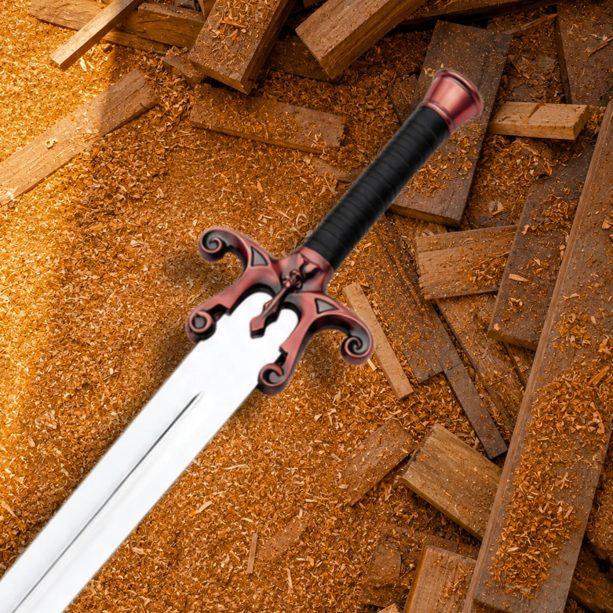 Close-up of He-Man Power Sword hilt showing reddish brass scrollwork skull guard, black wrapped grip and pommel