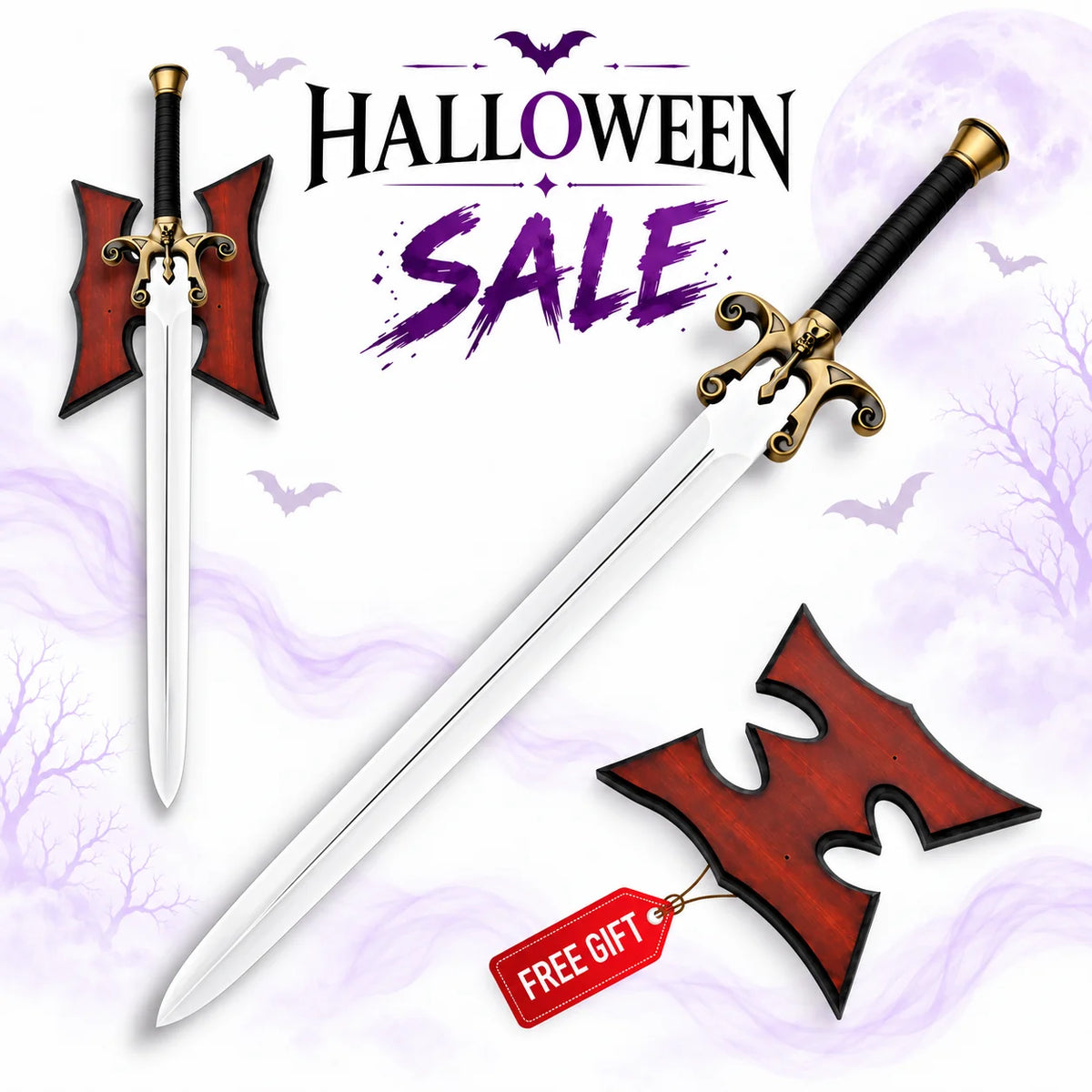 He-Man 1987 movie Power Sword replica featuring copper skull crossguard, polished silver blade, black wrapped handle and free wooden display plaque in Halloween sale.