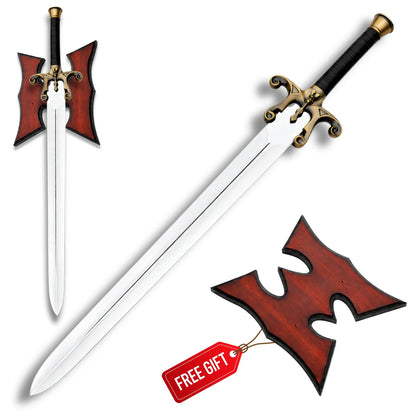 He-Man 1987 Movie Power Sword with copper-tone skull guard, black grip and red wooden wall plaque on white background