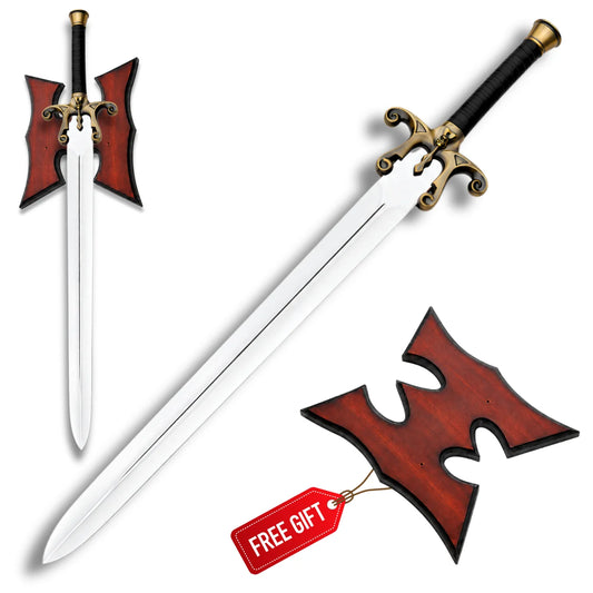 He-Man 1987 Movie Power Sword with copper-tone skull guard, black grip and red wooden wall plaque on white background