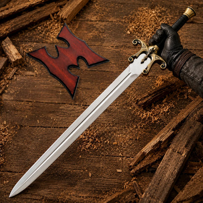 Gloved hand holding He-Man 1987 Power Sword with copper-tone scroll guard and polished stainless steel blade