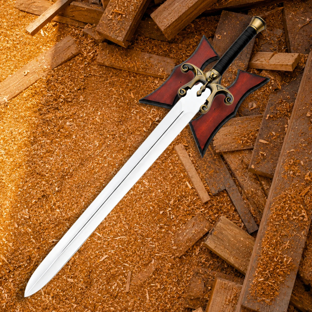 Full He-Man 1987 Power Sword displayed on wood shavings with copper-tone guard and red wooden wall plaque