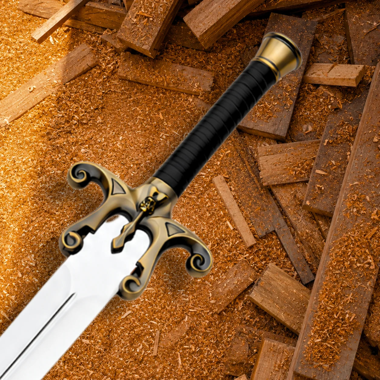 Close-up of He-Man Power Sword hilt with black wrapped grip, copper-tone scroll guard and central skull detail
