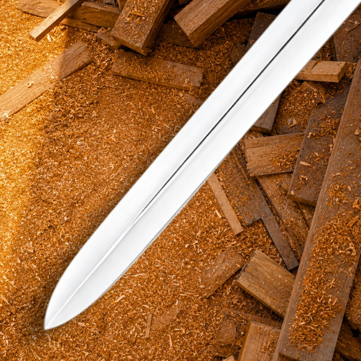 Close-up of polished stainless steel blade tip and central fuller on the He-Man 1987 Movie Power Sword