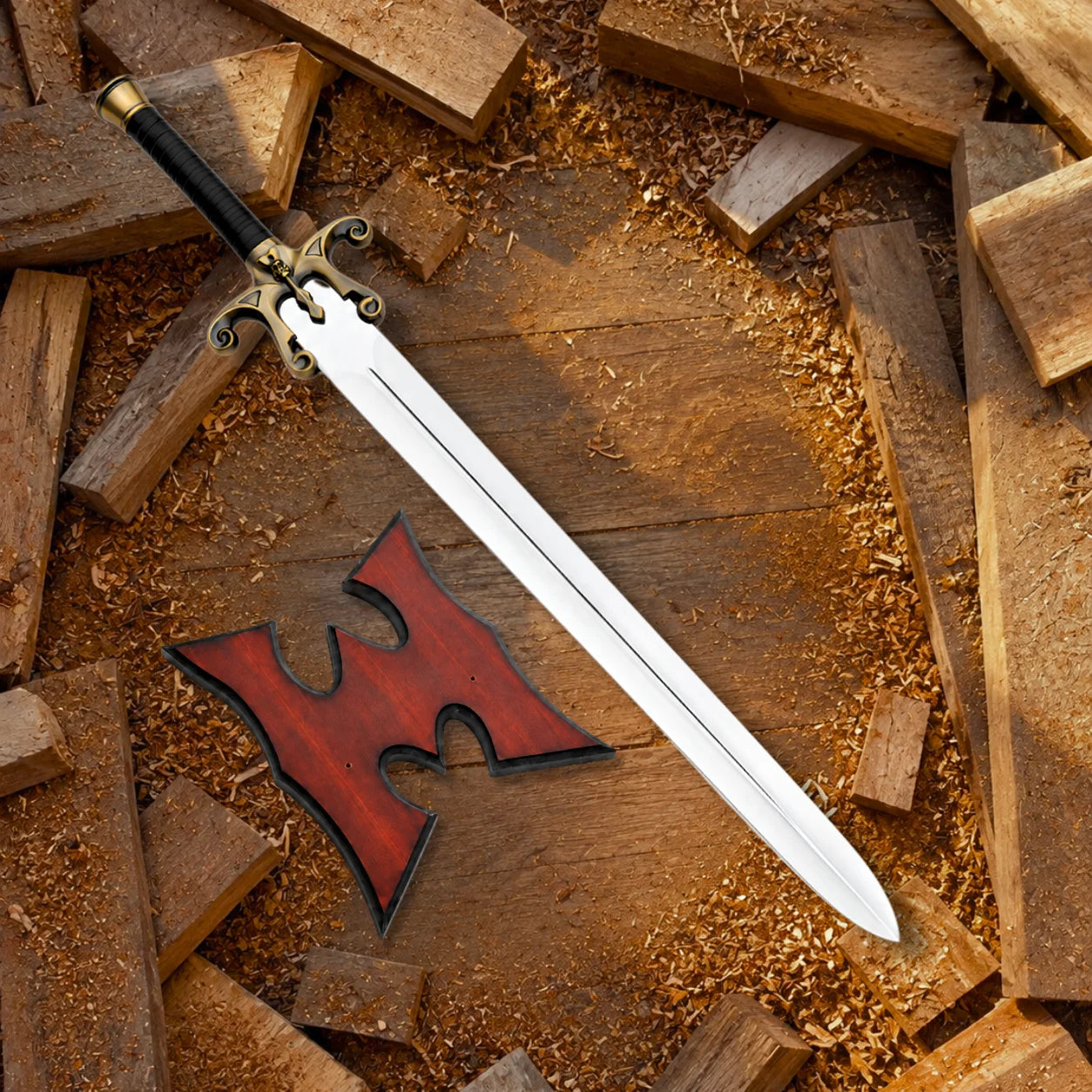 He-Man 1987 Power Sword displayed diagonally with red wooden wall plaque on a rustic timber workshop setting
