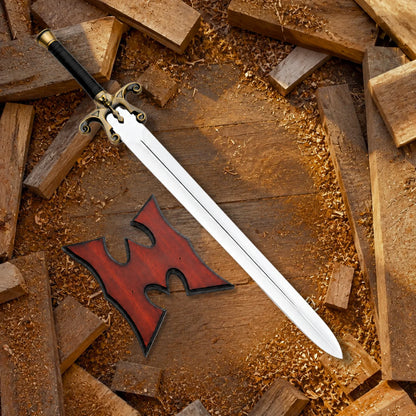 He-Man 1987 Power Sword displayed diagonally with red wooden wall plaque on a rustic timber workshop setting