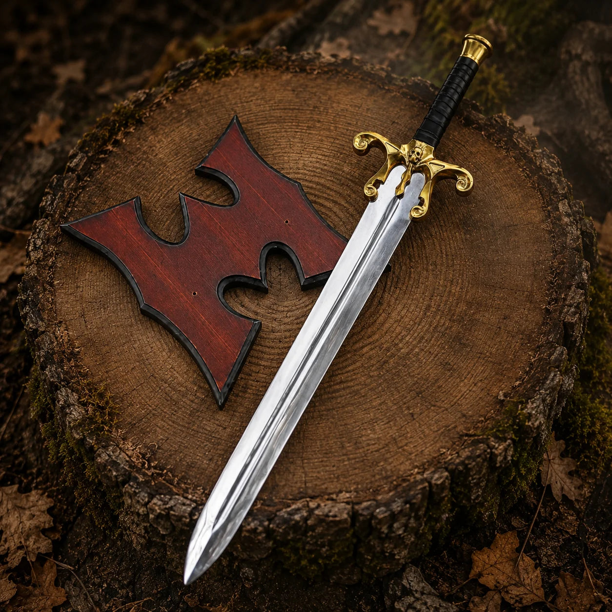Full Power Sword beside shaped wall plaque on a cut tree stump, showing gold scrollwork guard and black handle