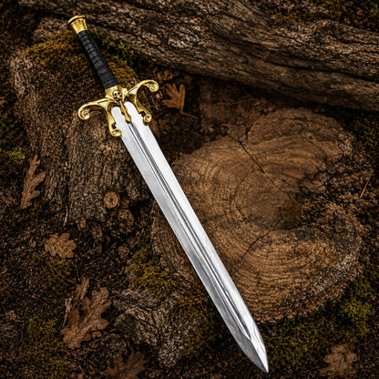 Full-length He-Man fantasy sword displayed diagonally across woodland timber with gold hilt and silver fuller blade