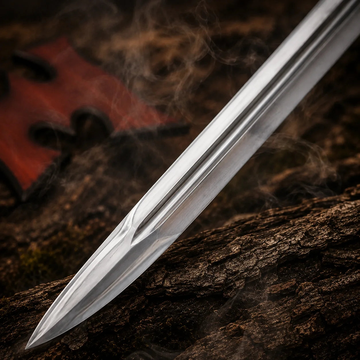 Detailed silver Power Sword blade close-up showing the central fuller groove, polished finish and tapered point