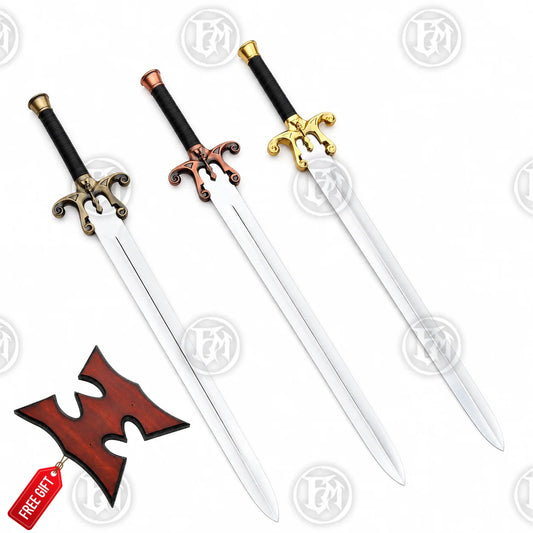 Three He-Man 1987 Power Sword variants with gold, copper and antique brass skull guards, black grips and red wall plaque