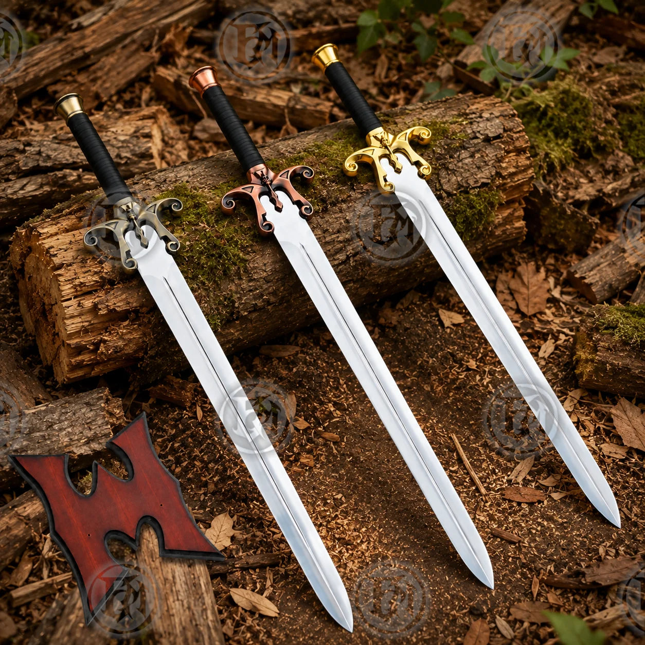 Gold, copper and antique brass Power Sword set arranged on woodland logs with polished silver blades and display plaque