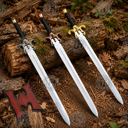 Gold, copper and antique brass Power Sword set arranged on woodland logs with polished silver blades and display plaque