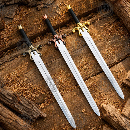Three full-length 1987 Power Sword variants displayed on timber with matching black grips and polished silver blades