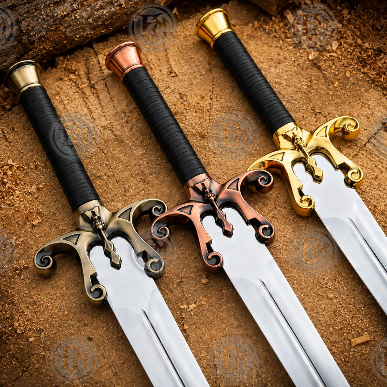 Close view of three Power Sword hilts with black wrapped grips and gold, copper and antique brass skull guards